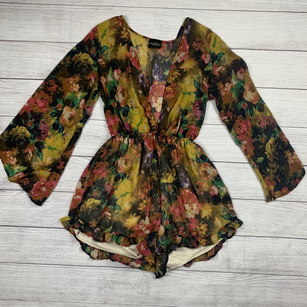 Multicolor Floral Jumpsuit w/ Deep V Neck